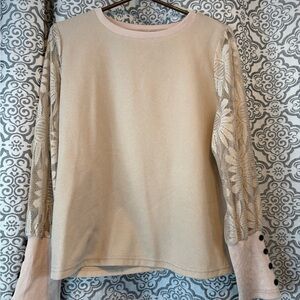 Waffle Knit Lace Sleeve Top in Light Beige - Unbranded